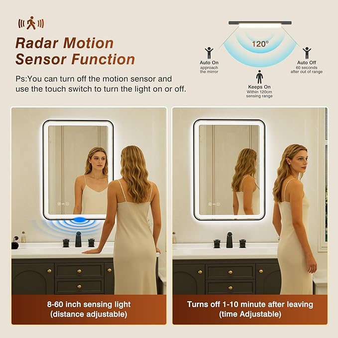 24x32 Inch Black Framed LED Bathroom Mirror