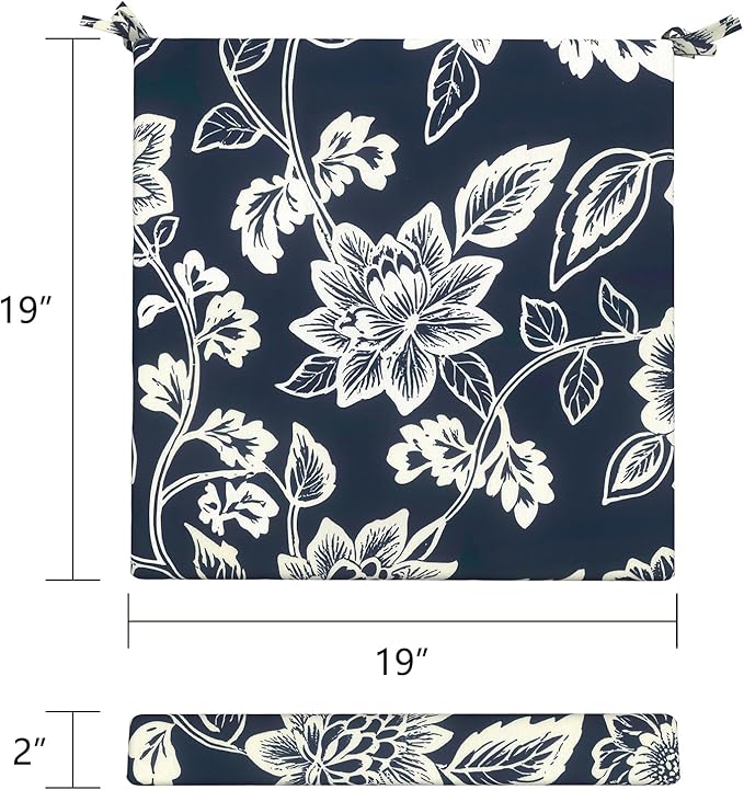 LVTXIII Outdoor Seat Cushions Seasonal Replacement Chair Cushions, Patio Chair Pads with Ties for Dining Chairs and Garden Furniture, Square Back, 19"x19"x2", 4 Pack, Elegant Vines Navy