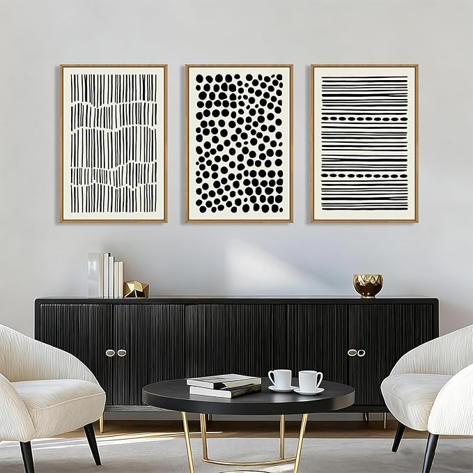 KAIRNE Abstract Black and White Framed Canvas Wall Art Set, Modern Geometric Wall Decor, Minimalist Line Art Prints, Neutral Boho Dots Artwork for Living Room, Bedroom, Farmhouse, Office -24"x36"x3