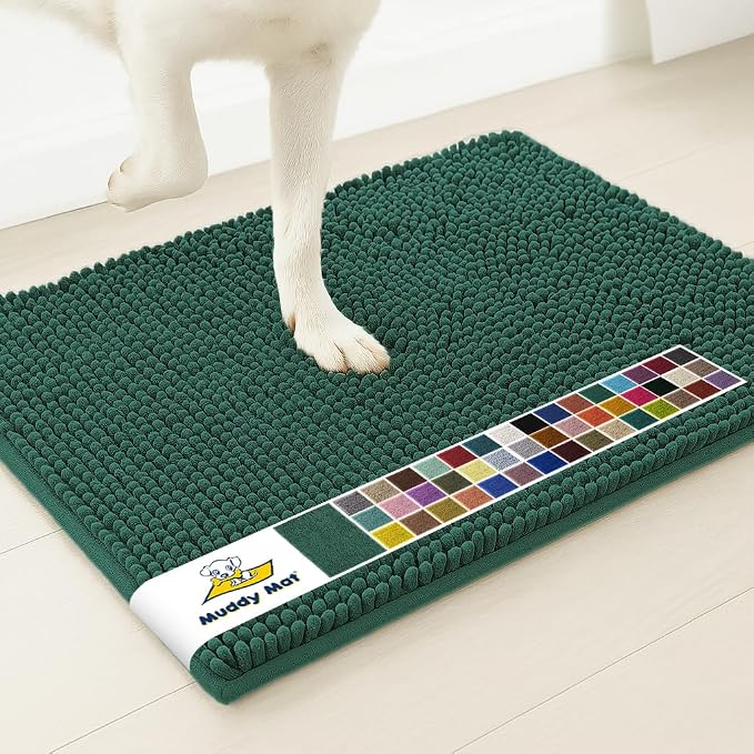Muddy MatÂ® | Super Water Absorbent Door Mat Indoor, Microfiber Quick Dry Chenille Entryway Rug, Slip Resistant Front Door Mat, Indoor Mats for Entryway, Machine Washable Pet Rug, Dark Green 3ft x 3ft