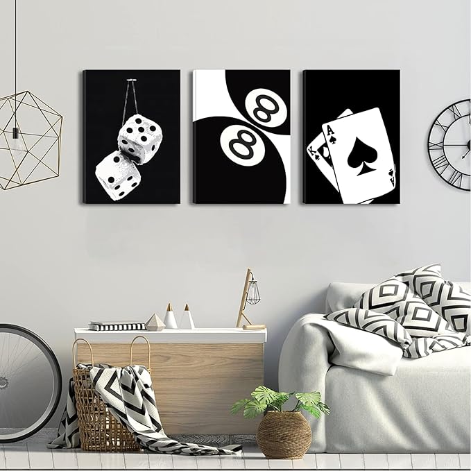 BOKPEN 3Pcs Black and White Poker Dice Canvas Wall Art Lucky You Poster Prints