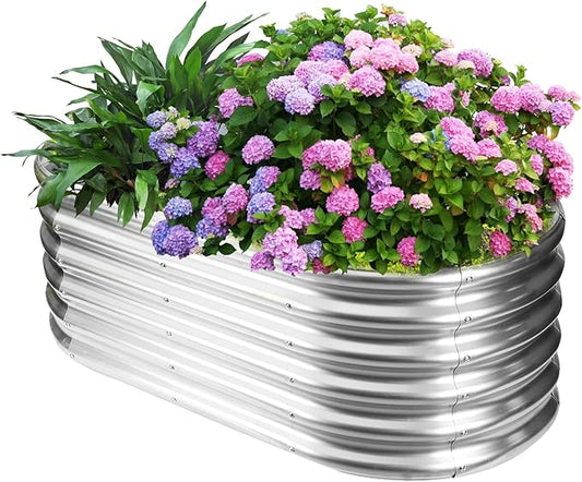 YSEJOMP 17" Tall Outdoor Garden Raised Garden Bed Kits, 4ft X 2ft Oval,0.8MM Thick Metal Raised Planter Bed/Ground Planter Box for Variety of Flowers,Herbs,Vegetables (Silver, 48X24X16.5 Inches)
