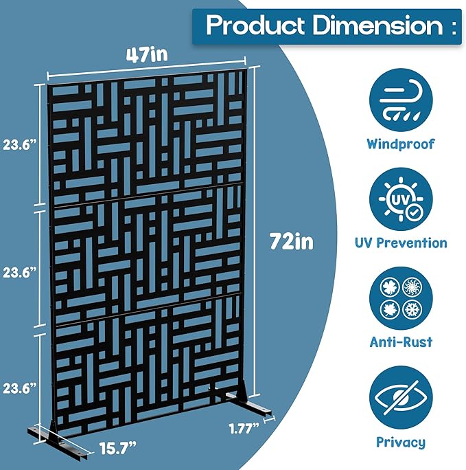 MTART Metal Privacy Screen 72" H x 47.2" Decorative Outdoor Privacy Screen