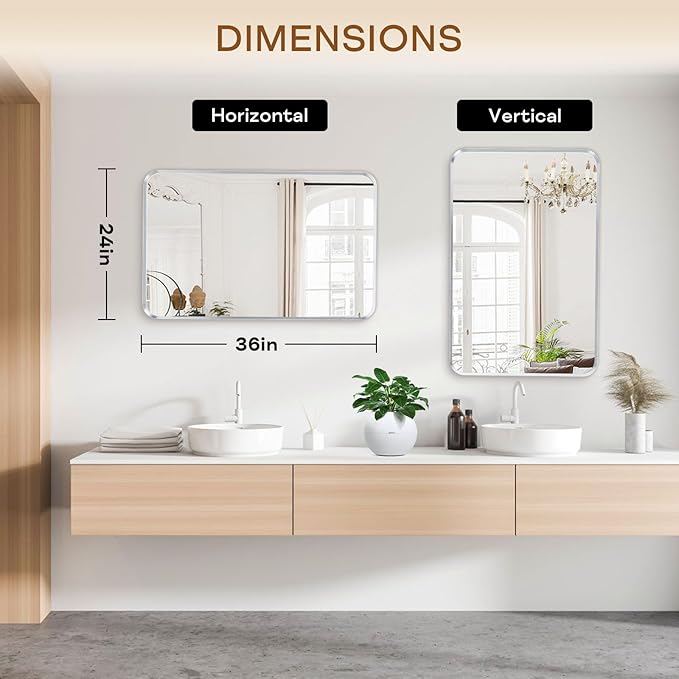 Wall Mount Mirror for Bathroom, Brushed Silver Metal Framed Rounded Corner