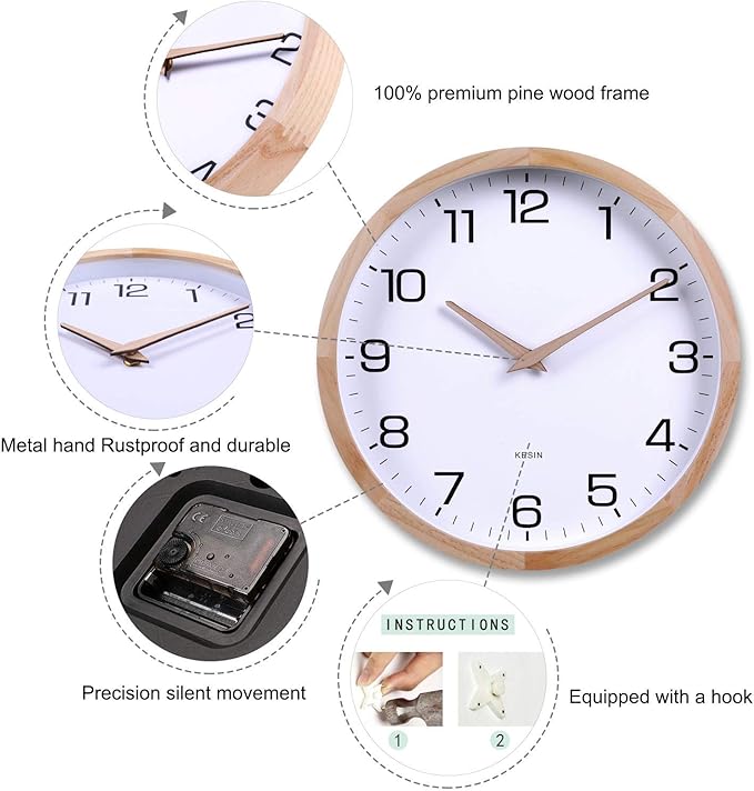Kesin 12 Inches Wooden Round Silent Wall Clock White Wood Wall Clocks Analog