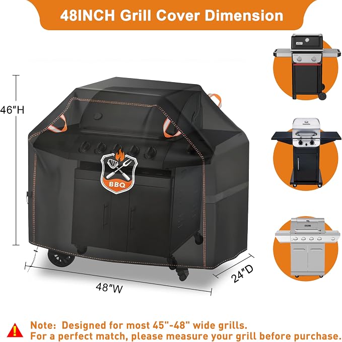 Grill Cover, Universal 48" BBQ Grill Cover for Outdoor Grill, Waterproof, Weather Resistant, Fade Resistant Gas Grill Cover with Adjustable Double Straps for Weber, Char-broil, Nexgrill, etc