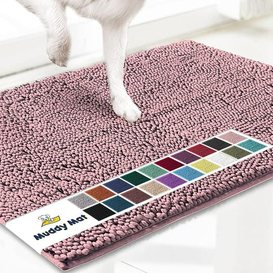 Muddy MatÂ® | Super Water Absorbent Door Mat Indoor, Microfiber Quick Dry Chenille Entryway Rug, Slip Resistant Front Door Mat, Indoor Mats for Entryway, Machine Washable Pet Rug, Pink 19"x30"