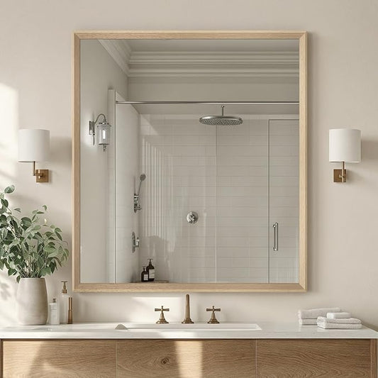 Oak Wood Effect Framed Wall Mirror, 36x40 Rectangle Mirror, Anti-desilvering