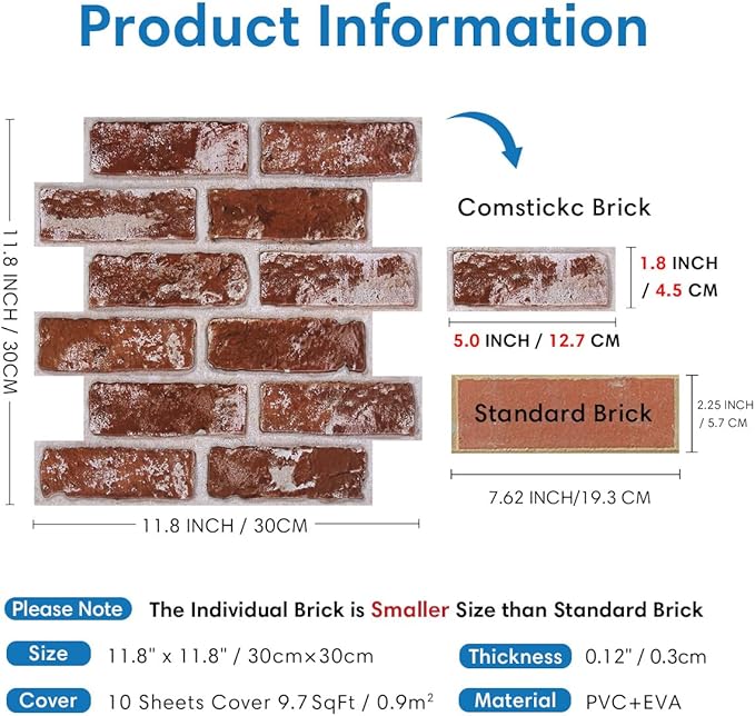 COMSTICKC 3D Faux Brick Wall Panels Peel and Stick, Small Size Thin PVC Fake