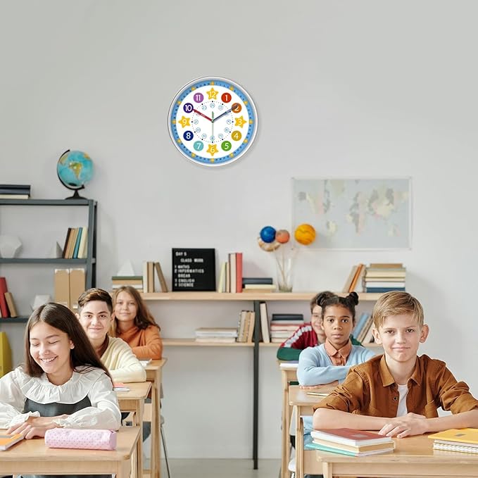 XFM Blue Kids Wall Clock 14 Inch Silent Non Ticking Quartz Battery Operated