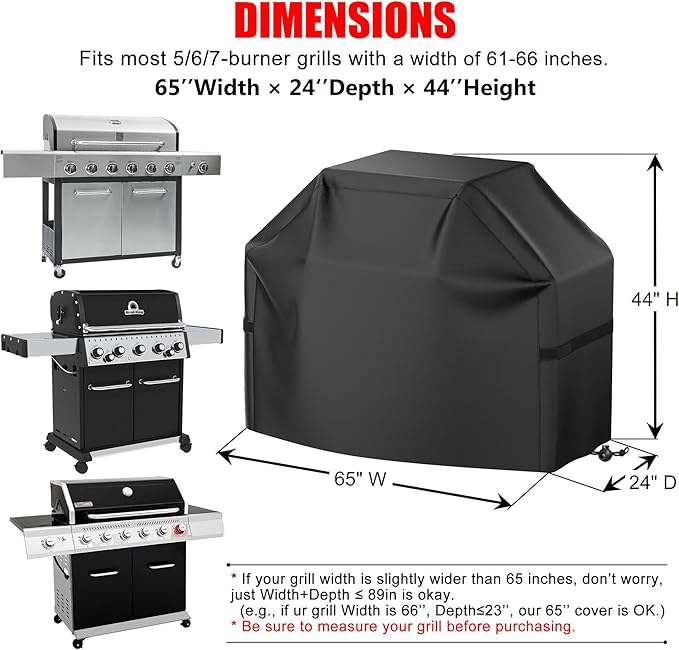 BBQ Grill Cover, Waterproof, Weather Resistant, Rip-Proof, Anti-UV, Fade Resistant, with Hook-and-Loop Straps, Gas Grill Cover for Most Grills, 65'', Black