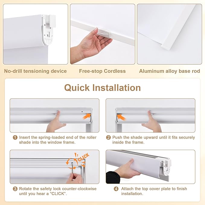 SUNOFF No Drill Tools Cordless Blackout Roller Shades Blinds