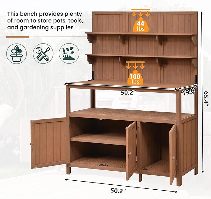 Christopher Knight Home Belfast 50.20" W Outdoor Potting Bench Table, Fir Wood Potting Table, Large Gardening Workstation with Storage Shelf, Ample Space Garden Tools Organizer for Backyard, Natural