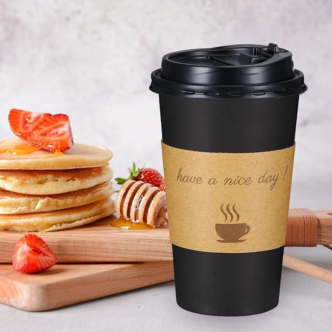 Lamosi 16 OZ Coffee Cups 500 Pack with Lids, Stir Sticks and Sleeves, Disposable Hot Paper Cup for Home, Travel, Office