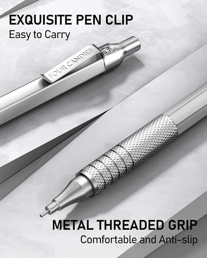 Four Candies 2PCS Metal Mechanical Pencils Set with Case, 0.5mm & 0.7 mm Artist Pencil with 6 Tubes (360PCS) HB Lead Refills, 3 Erasers,9 Eraser Refills For Writing Drafting, Drawing, Black&Silver