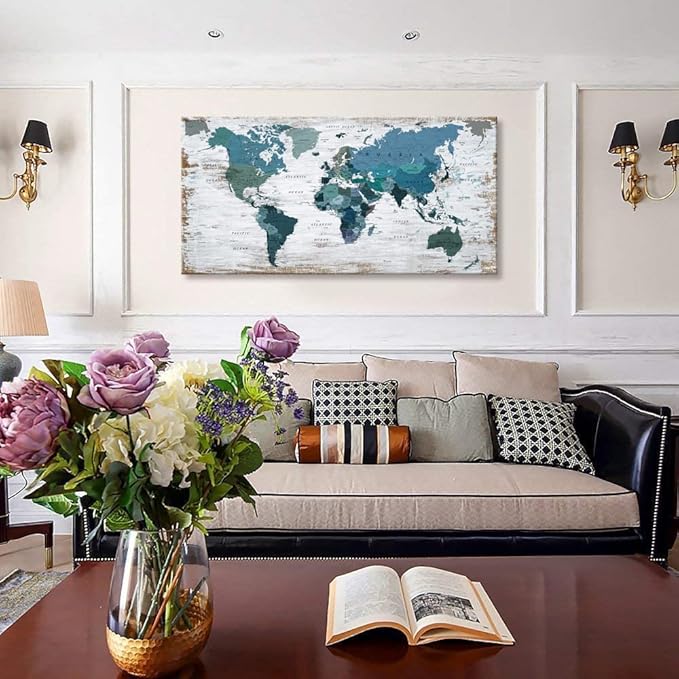 Teal Decor World Map Canvas Wall Art Pictures