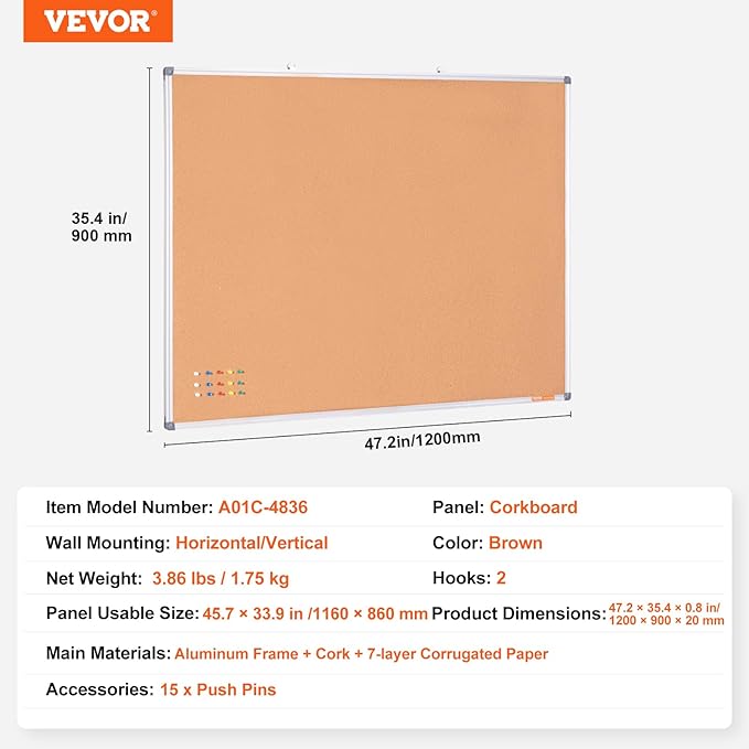VEVOR 48"x36" Large Cork Board – Wall-Mounted Bulletin Board