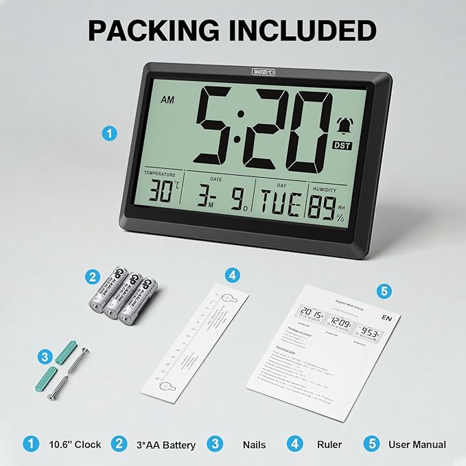 XREXS 10.4 Inch Digital Wall Clock, Battery Operated Large Display Clock