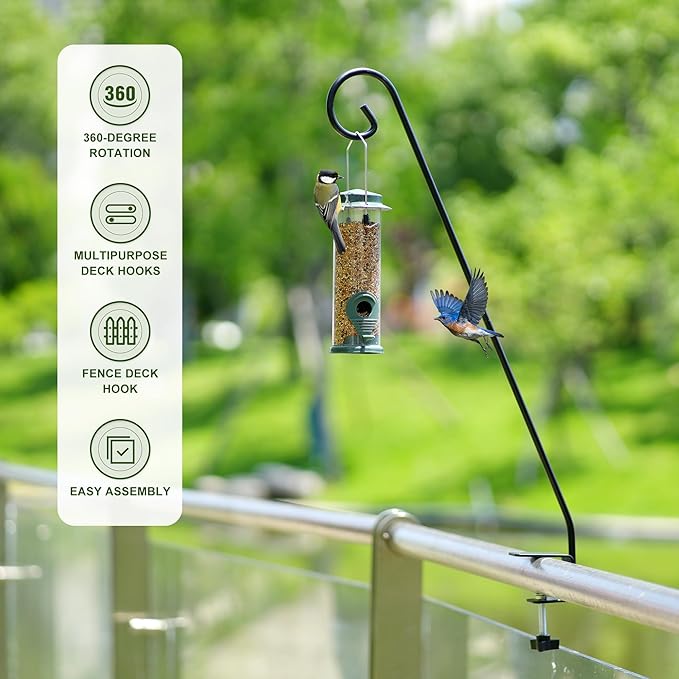 MIXXIDEA 2 Packs Heavy Duty Deck Rail Pole Deck Hook, Extensible and Adjustable Deck Hook for Hanging Bird Feeder, Plants, Suet Baskets,Wind Chimes,Lanterns