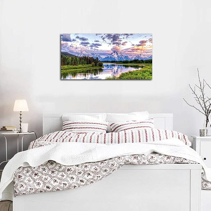 arteWOODS Landscape Canvas Wall Art Nature Picture Oxbow Bend Grand Teton National Park Modern Canvas Artwork River and Forest Contemporary Wall Art Large Size for Home Office Decoration 20" x 40"