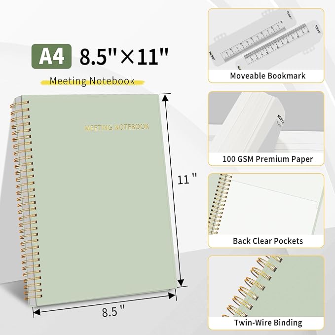 SUNEE Half Meeting Half Note - 8.5"x11" Professional Notebooks for Work - 160 Pages, A4 Size Project Planner, Spiral Meeting Agenda/Minutes Organizer for Women Men, Note Taking, Office & Business