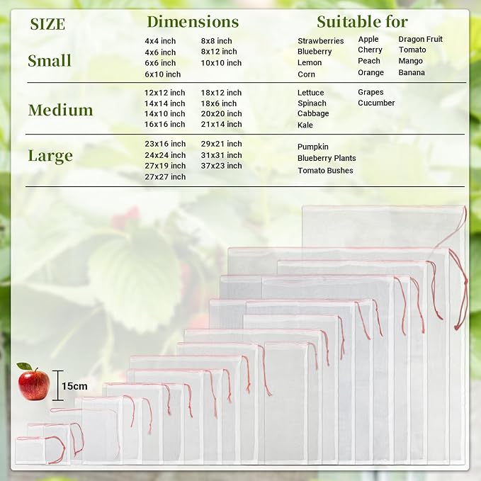 Fruit Cover Bags with Drawstring, 50pcs 10x10 Inch Garden Netting Fruit Protection Bags for Plant Flowers Vegetables Trees Away Bugs Birds Flies