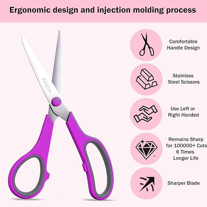 Scissors, Rkqoa 8" Scissors All Purpose 6 Pack - Comfort-Grip Sharp Scissor for Office School Adult Art Sewing Fabric Craft Supplies, Teacher/Classroom Everyday Use, Right/Left Handle