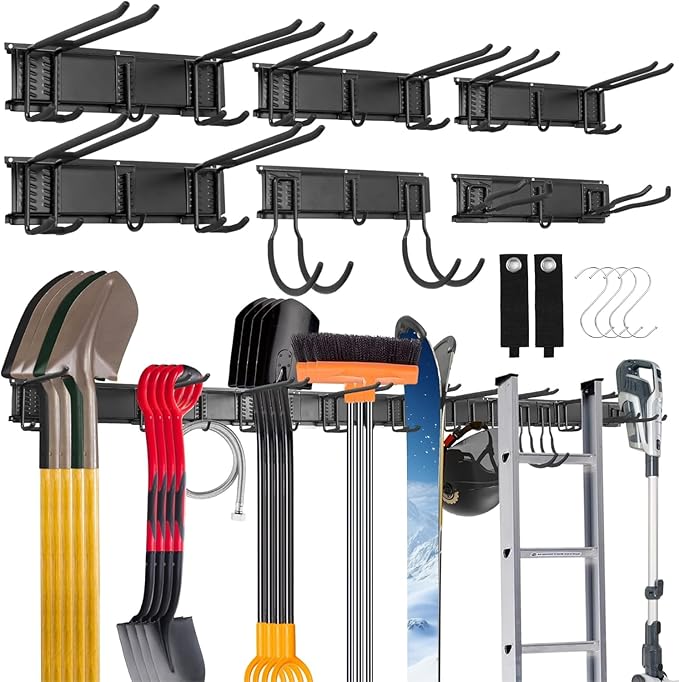 Sinoer Tool Organizer Wall Mount, 96 Inch Garage Storage Wall Organizer, Garden Tool Storage Rack with 18 Hooks+ 4 S-hooks & 2 straps - suitable for ski equipment, shovels, rakesï¼chairs