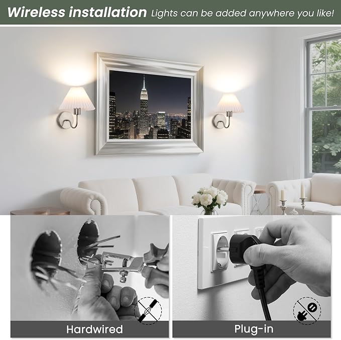Wireless Wall Sconce Sets of 2, Pleated Shades Rechargeable Battery Operated