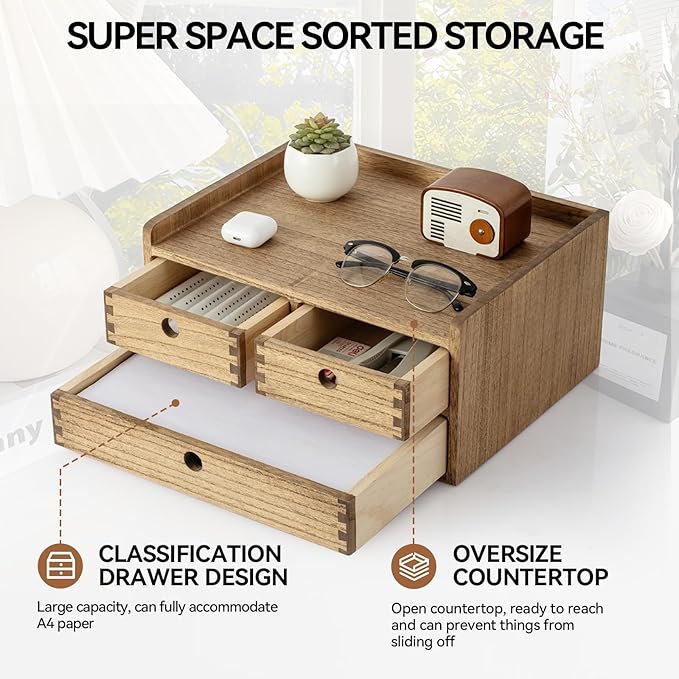 KIRIGEN Desk Organizer with Drawers - Wood Drawer Storage Box with Trays for Tabletop - Workspace Office Toiletries Supplies Tool Caddy - Wooden Storage Cabinet Dark Brown（DT2D3C-DBR）