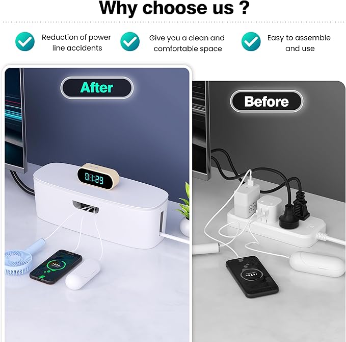 Cable Management Box - Large Cord Organizer Box to Hide Power Strip & Under Desk, TV Computer Wires Cable Organizer Box with Baby Proofs, Desk Cord Organizer for Home/Office - White