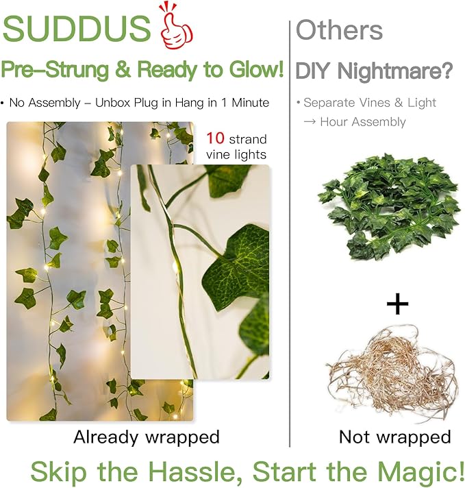 suddus 300 LED Vines with Lights Plug in, 9.8ft x 9.8ft Fairy Lights with Vines