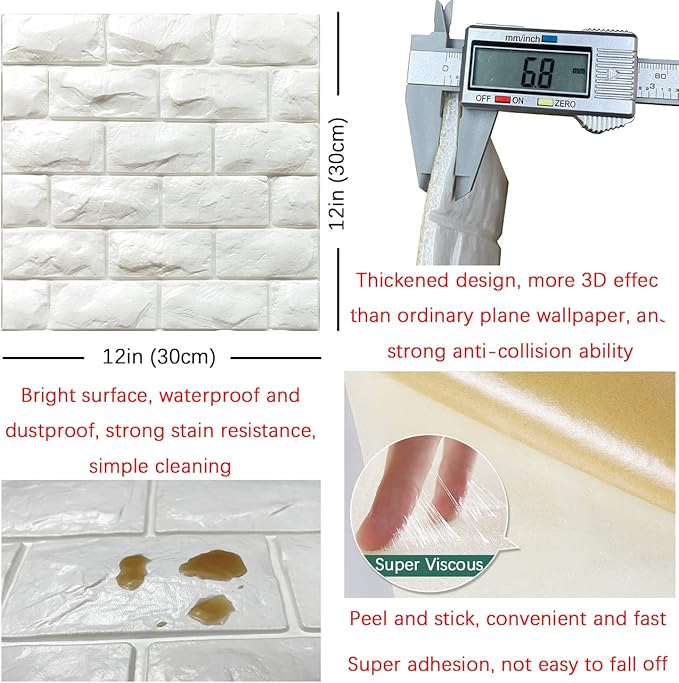 YU LI 3DH 3D Wall Panels Peel and Stick 20PCS White Foam Brick Wallpaper