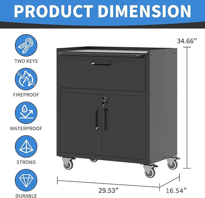 Metal Storage Cabinet with Wheels, Lockable Garage Storage Cabinet with 2 Doors