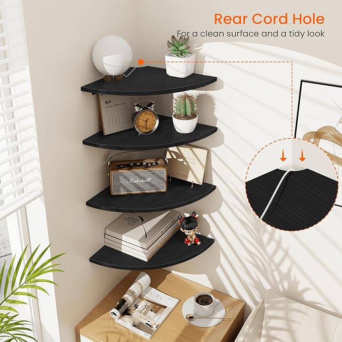 Homode Corner Shelf Wall Mount, 4 Tier Rounded Corner Floating Shelves