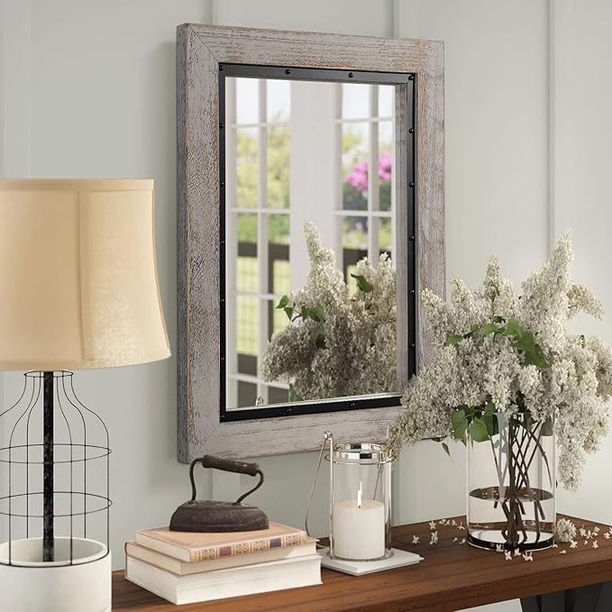 YOSHOOT Rustic Wooden Framed Wall Mirror, Natural Wood and Iron Bathroom Vanity