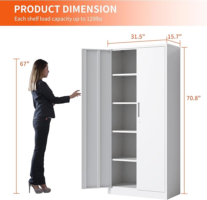 Metal Storage Cabinet with Adjustable Shelves, Garage Tool Cabinet with 2