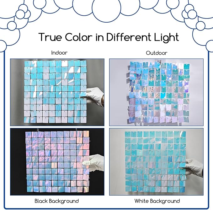 COKAOBE Rainbow Blue Shimmer Wall Backdrop 24PCS Square Sequin Shimmer Backdrop