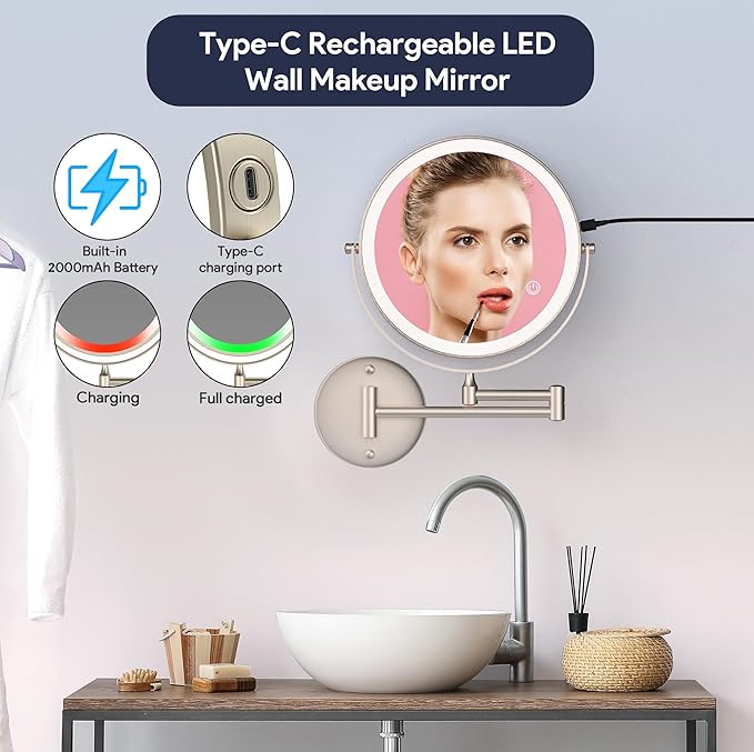 Rocollos 9" Wall Mounted Lighted Makeup Mirror, Large Double Sided 1X/10X