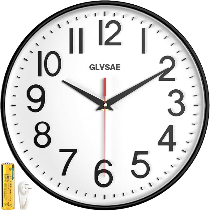 GLVSAE Wall Clock 12 Inches Non-Ticking Wall Clocks Battery Operated Large Easy