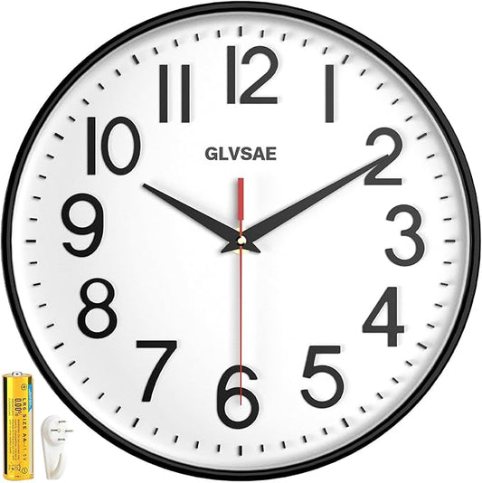 GLVSAE Wall Clock 12 Inches Non-Ticking Wall Clocks Battery Operated Large Easy
