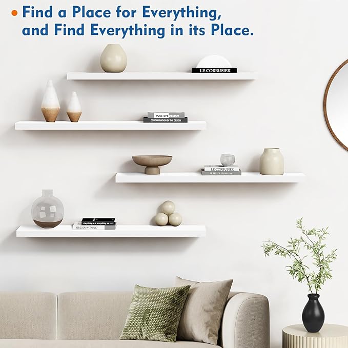 Harwaya White Wood Floating Shelves 36 Inches Long Set of 2, Large Modern Wall