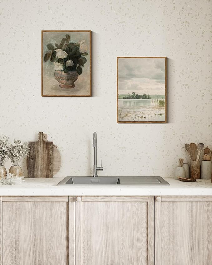 InSimSea Framed Canvas Prints Art Vintage Decor, Countryside Wall Art Decorations for Living Room, Retro Lakeside Paintings Prints, Home Wall Decor for Bathroom Bedroom, 12"x16"