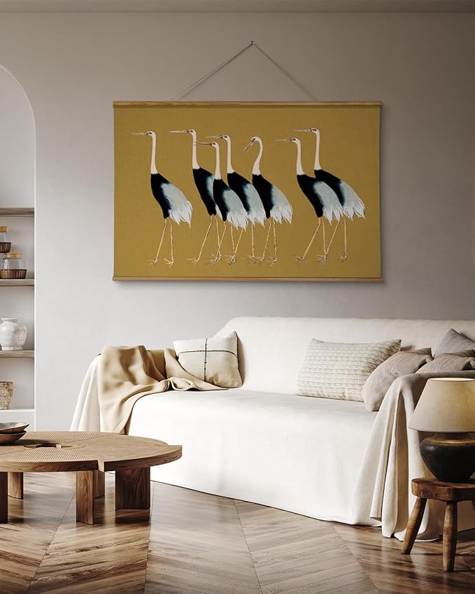 VIYYIEA Extra Large Size Canvas Wall Art, 36x54 Vintage Scroll Hanging Crane Print, Elegant Bird Animal Artwork for Living Room, Bedroom, or Office