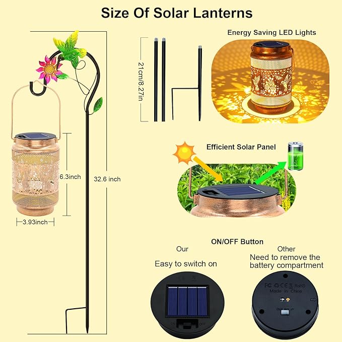 2 Pack Hummingbird Solar Lanterns Outdoor Waterproof Solar Garden Decor, Birthday Gifts for Mothers Day Women Mom Grandma, Metal Hanging Lights with Shepherd Hook for Yard Patio Pathway Backyard Porch