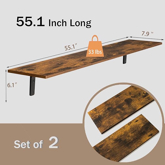 DINZI LVJ Long Wall Shelves, 55.1Inch Wall Mounted Shelves Set of 2, Extra