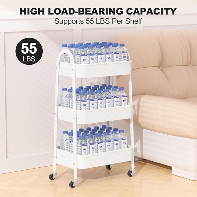 EAGMAK 3 Tier Rolling Cart Under Desk, Large Metal Storage Cart with Handle and Lockable Wheels, Big Multifunctional Storage Organizer Trolley for Kitchen, Living Room, Office, Garage (White)