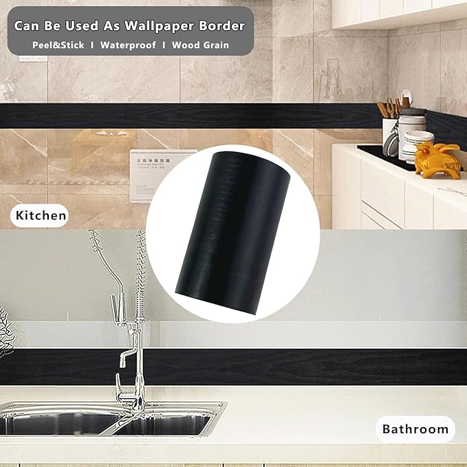 DESOMINOR 27FT Black Border Peel and Stick Black Wood Grain Wallpaper Border