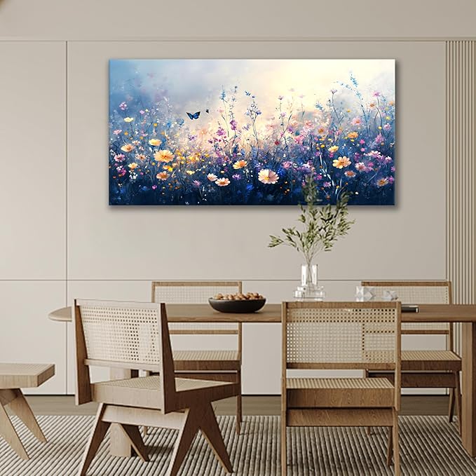 JLXART Canvas Wall Art Colorful Wildflower With Butterflies Wall Decor Purple and Yellow Poppy Floral Artwork Flowers Prints Paintings for Living Room Home Decorations,30x58inch