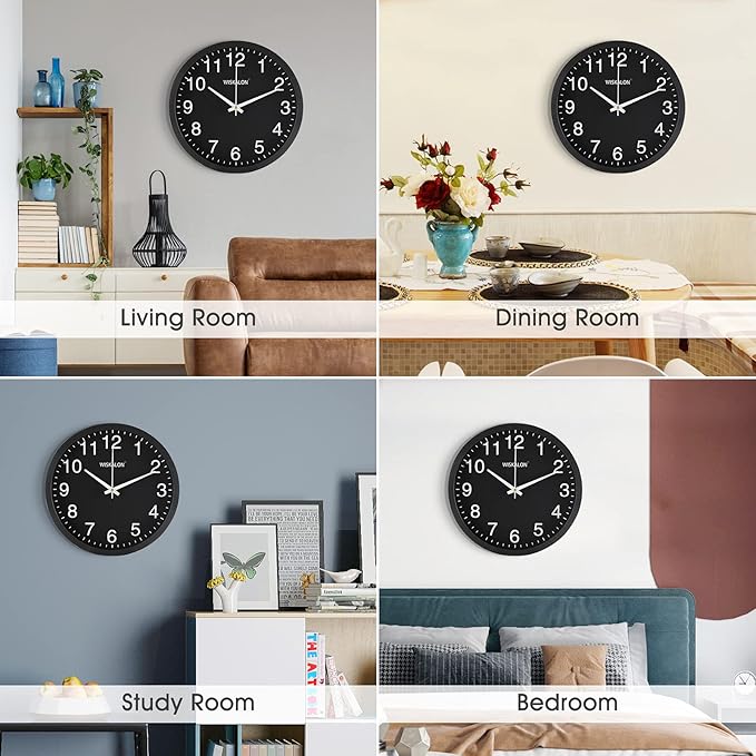 WISKALON 10 inch Wall Clock, Silent Non-Ticking Elegant Black Frame Wall Clock